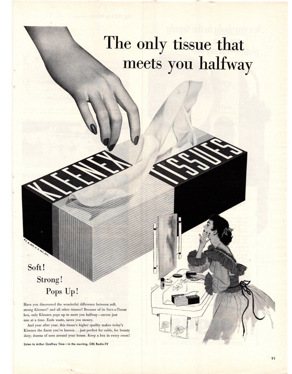 Kleenex Tissue / Argus 75 35mm Camera Advertisement 1950s Vintage B&W Woman